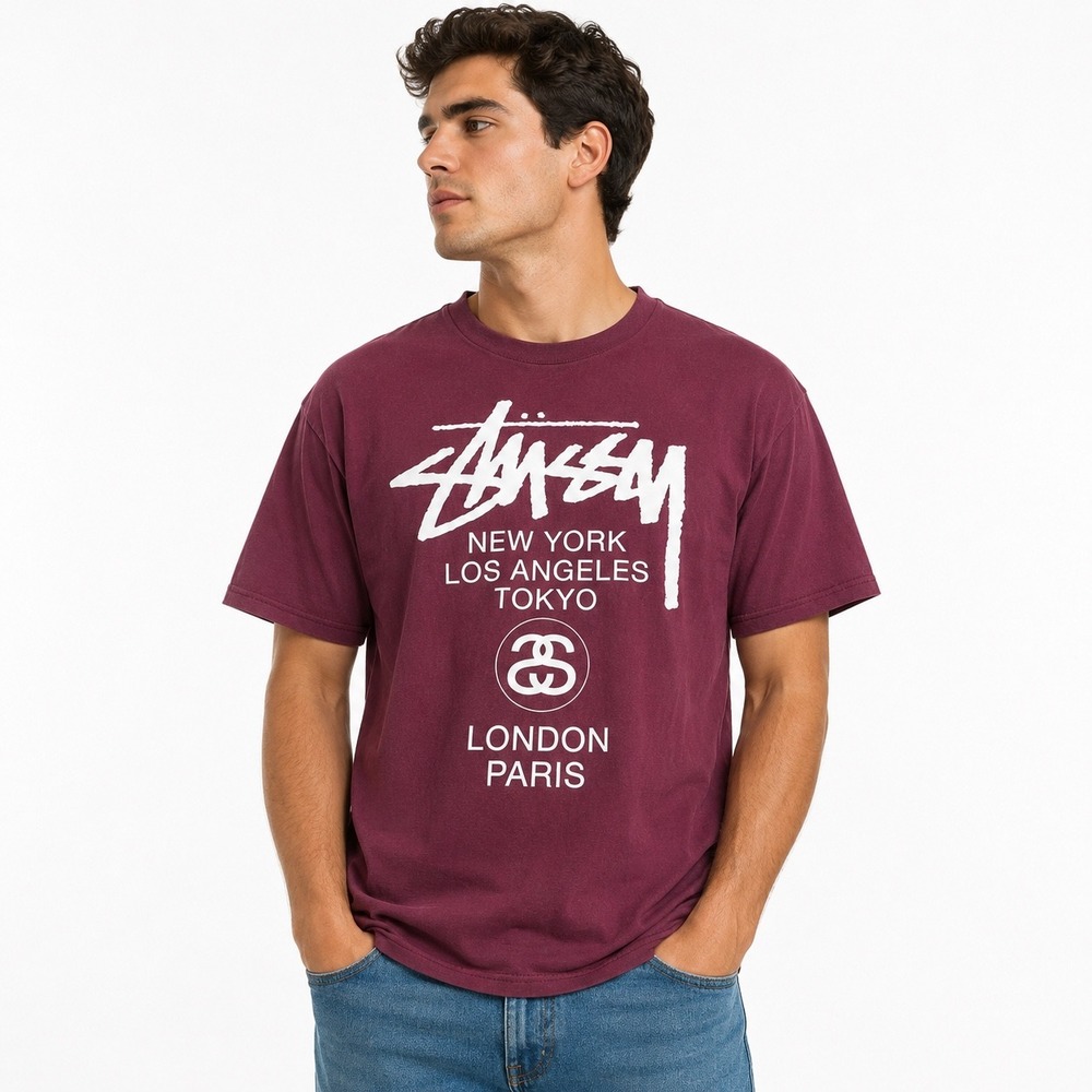 Stussy World Tour Graphic T-Shirt Maroon Burgundy Small Mens Streetwear Tee